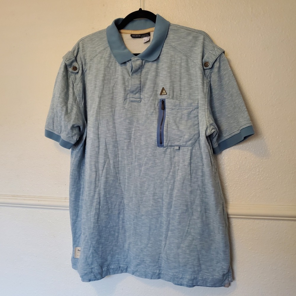 Rocawear Mens XL Blue Slub Knit Polo Shirt Zipper Pocket Epaulettes Urban Casual